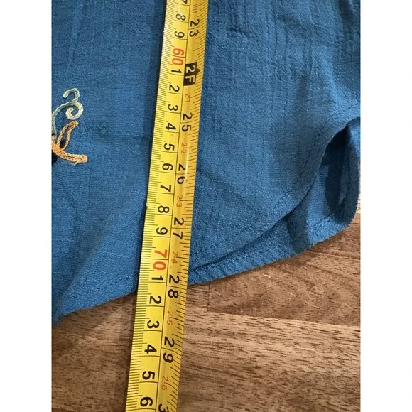 Fig & Flower Embroidered Floral Paisley Roll-Tab Tunic Blouse Turquoise Teal S - Picture 8 of 9